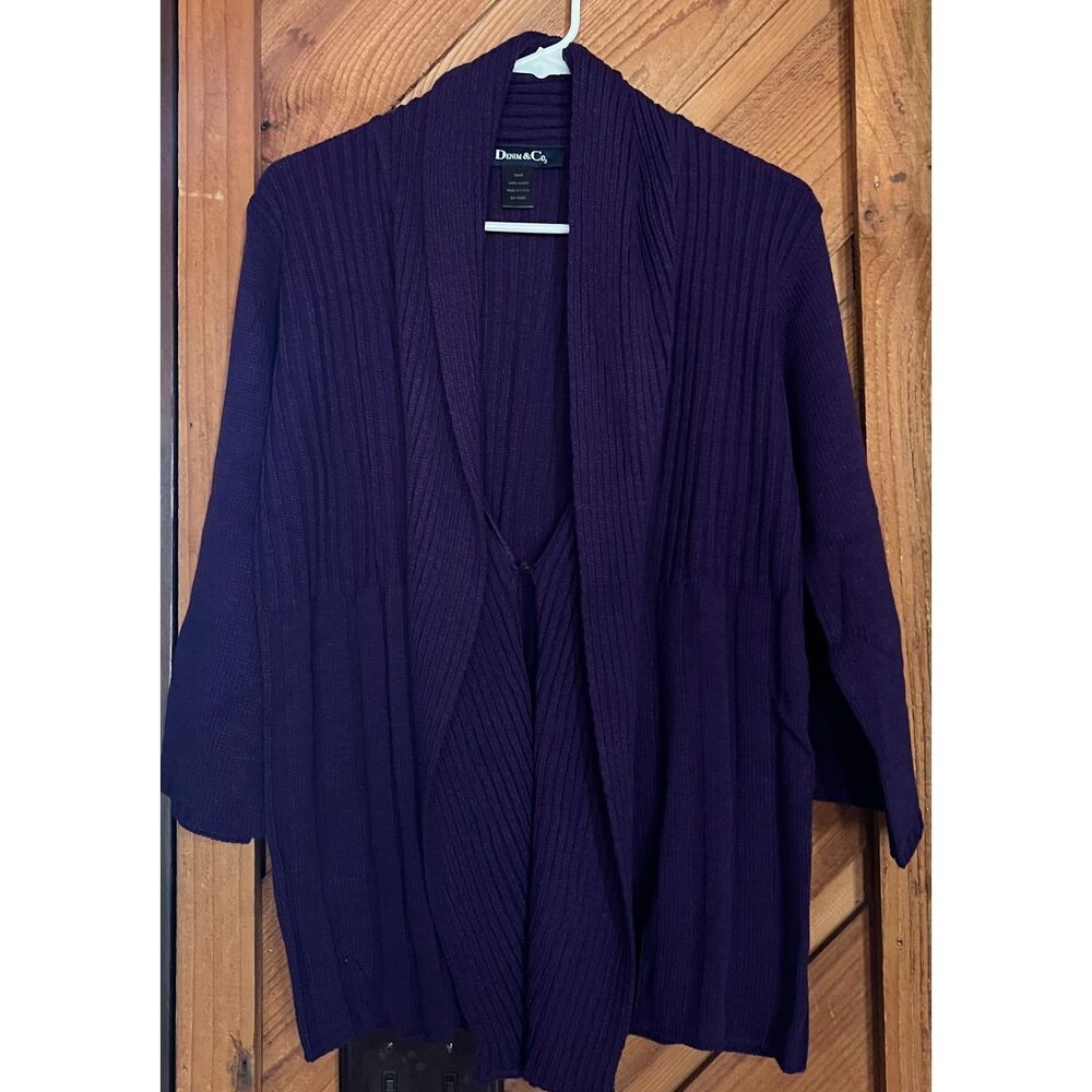 Denim & Co Purple Ribbed Cardigan Sweater Women's Small Long Sleeve Button Front